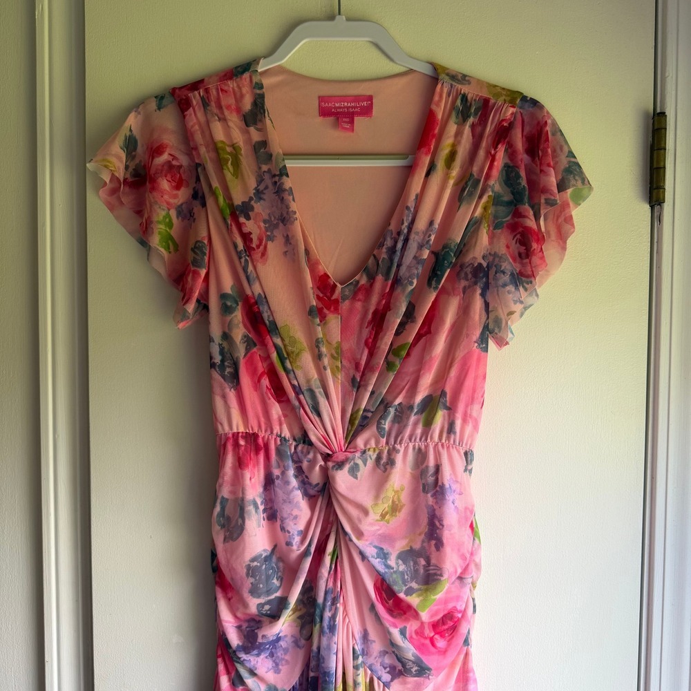 Isaac Mizrahi Live Pink Floral Mesh Twist Front High-Low Midi Dress XXS Rose - Picture 2 of 9